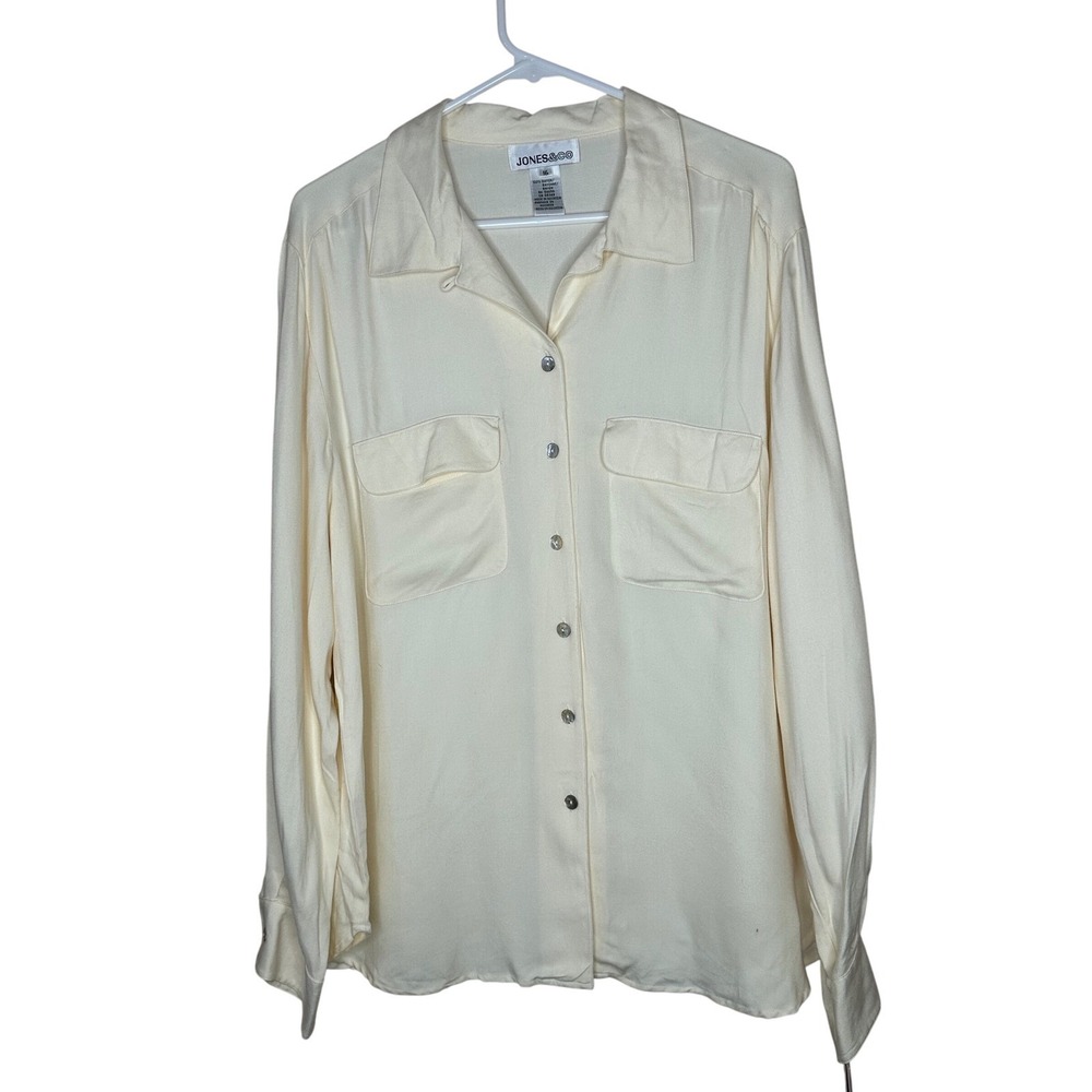 JONES&CO VTG NWT Cream Rayon Button Front Long Sleeve Blouse‎ Top Size 16 Preppy